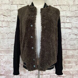 Audrey 3+1 Cable Knit Fleece Varsity Style Sweater Jacket Brown Black Size S NEW